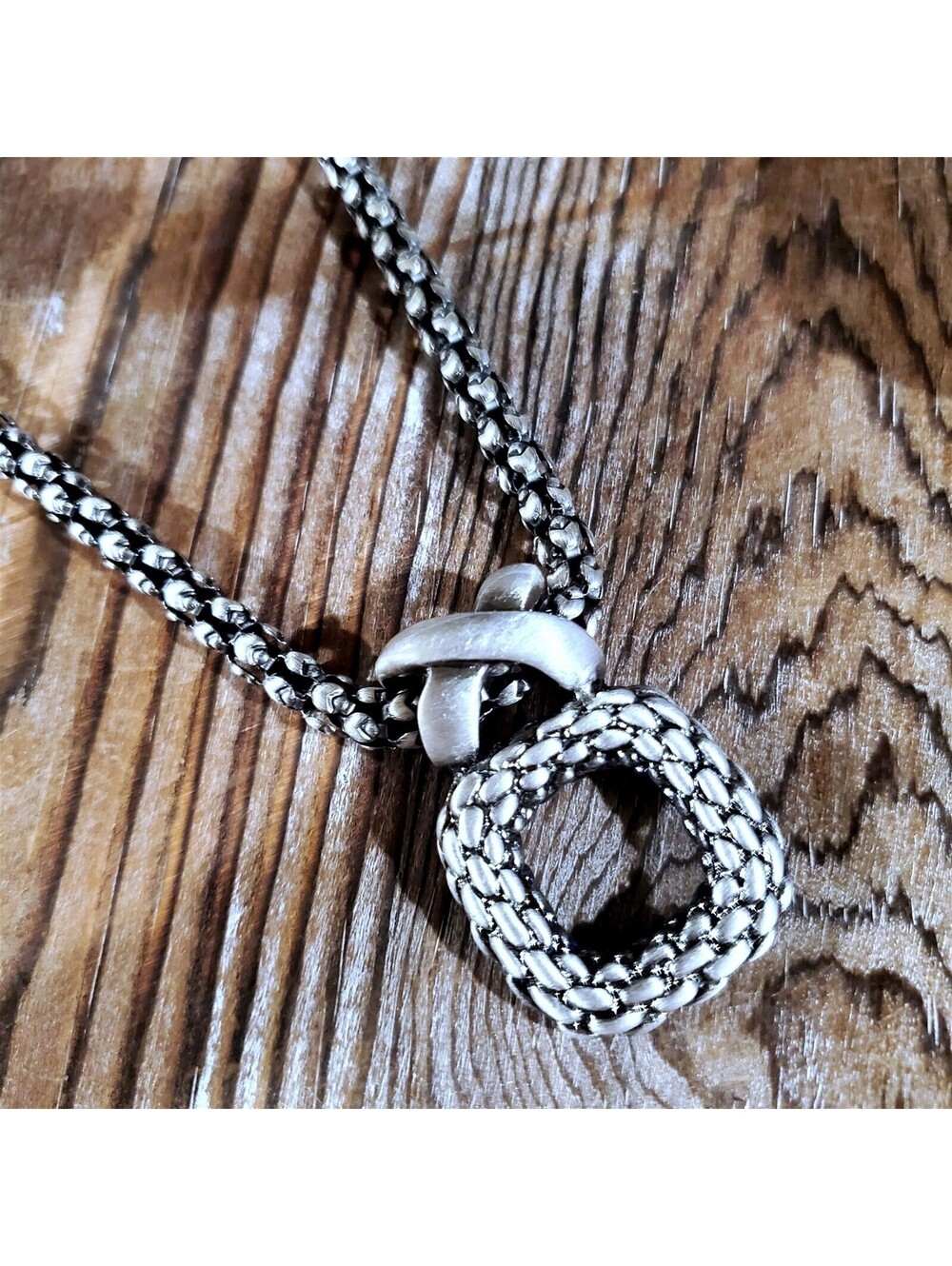 Bold Modernist Antique Silver Braided Criss Cross Square Pendant Necklace - Picture 4 of 7